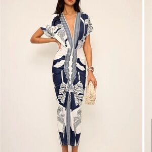 Commense Navy and White Patterned Midi Dress